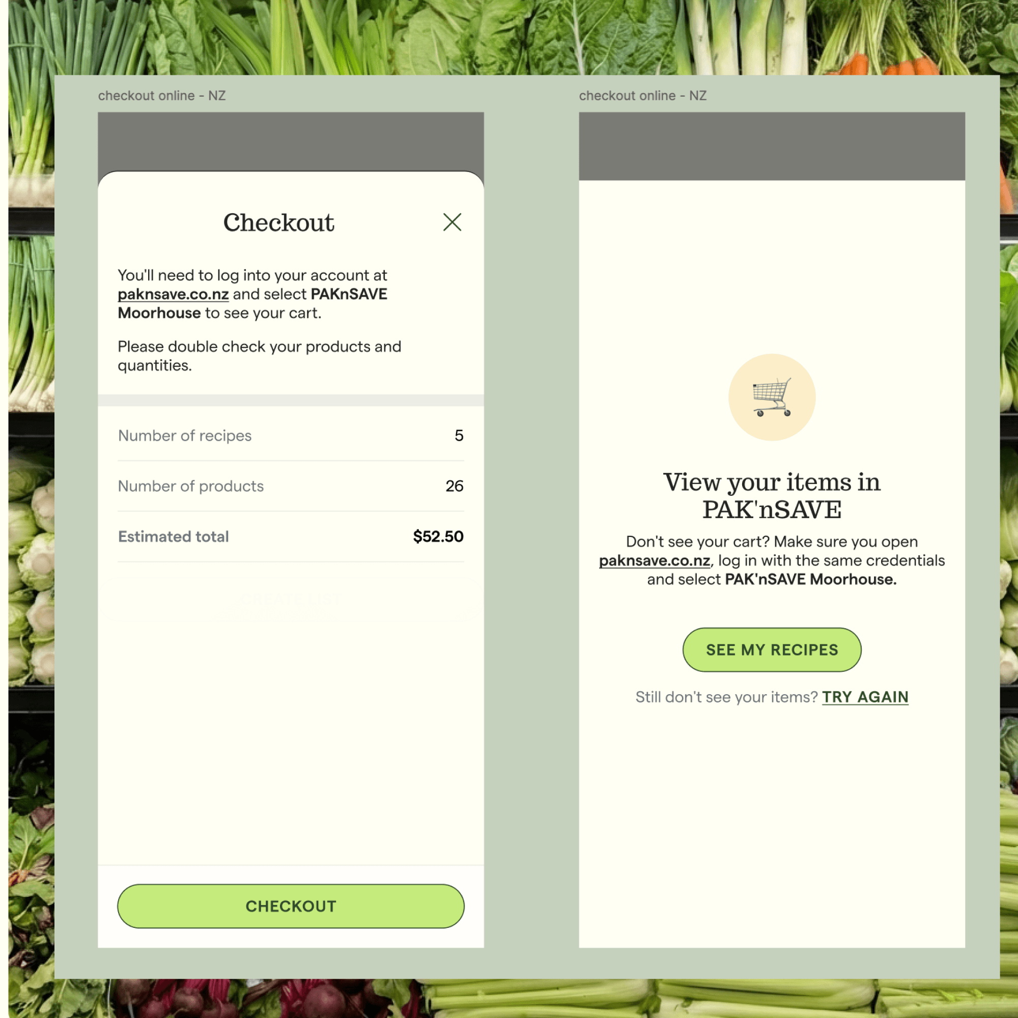 Checkout screens shown over fresh produce shelves