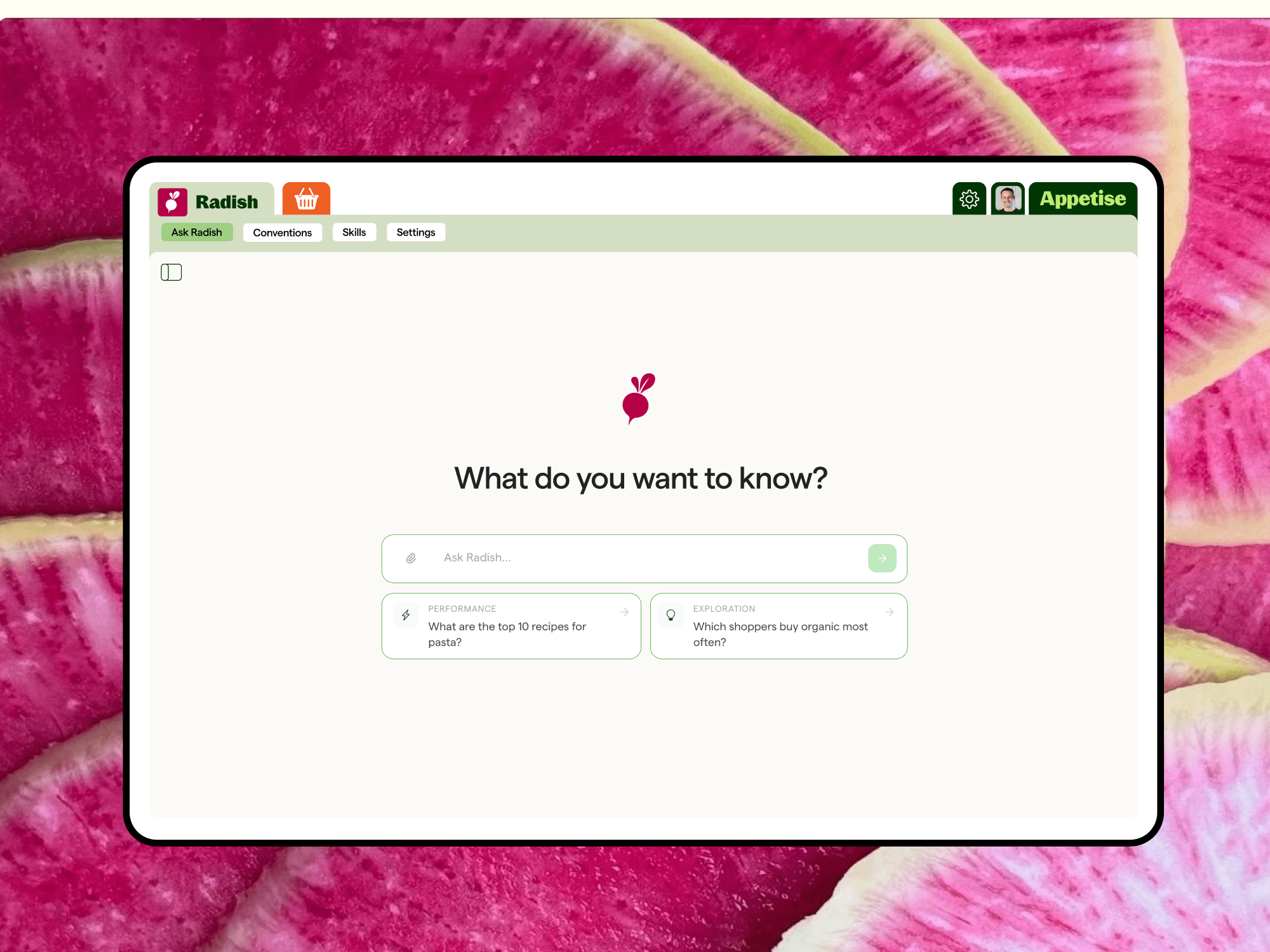 Radish product interface over sliced radishes
