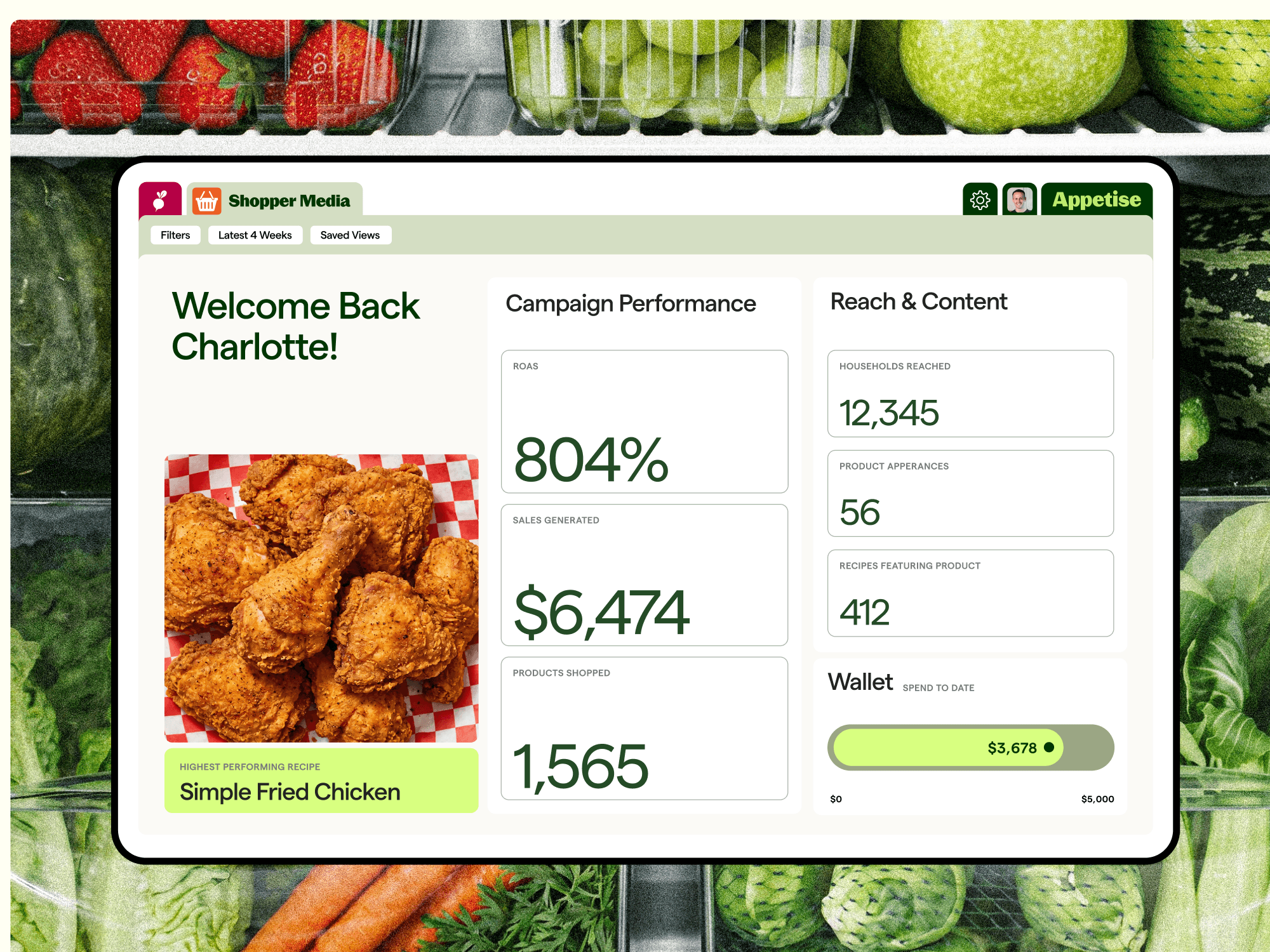 Shopper Media dashboard interface over fresh produce shelves
