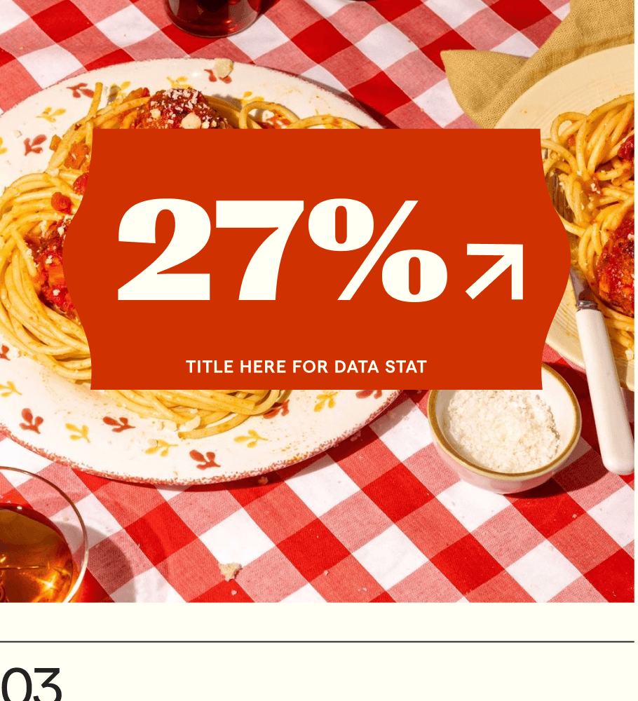 Pasta on a red tablecloth with a growth statistic