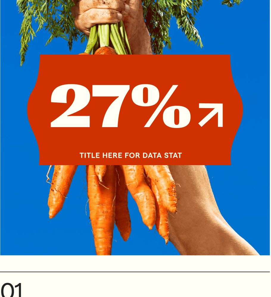 Carrots held against a blue background with a growth statistic